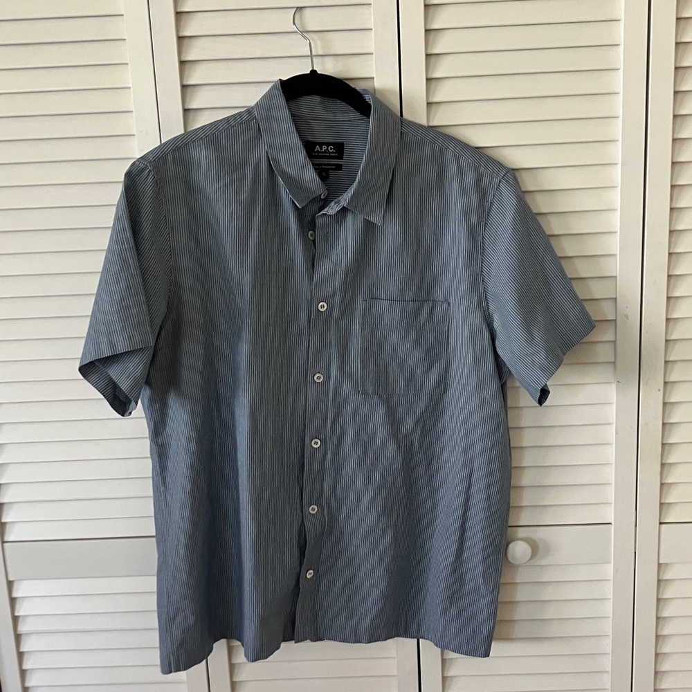 A.P.C. Short-Sleeve Button-Up Shirt in Blue and White Stripe